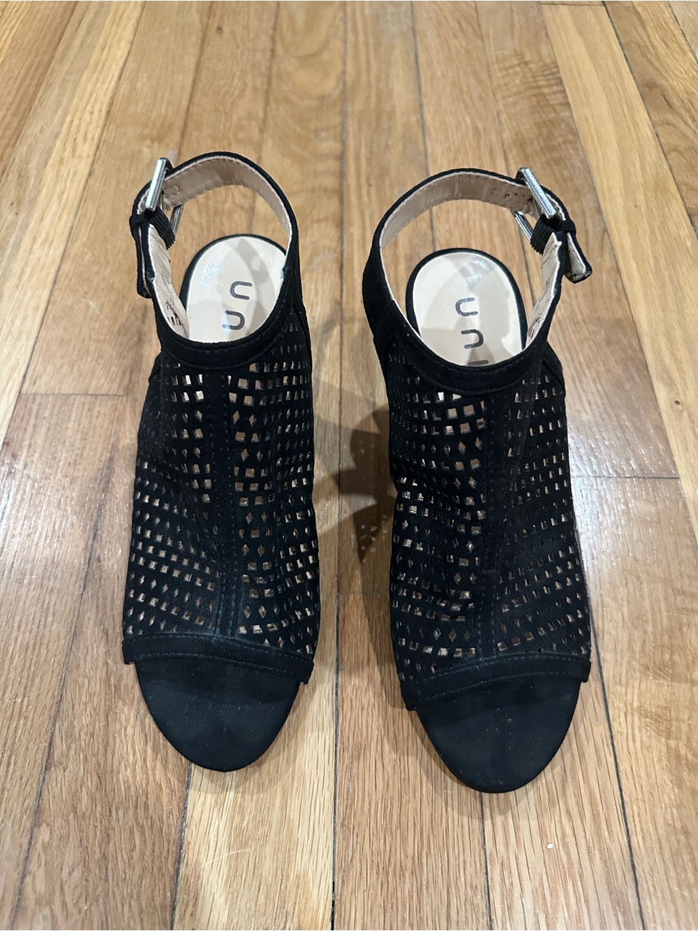 Unisa Women’s Black Perforated Peep Toe Block Heel Booties Sandals Size 6.5M